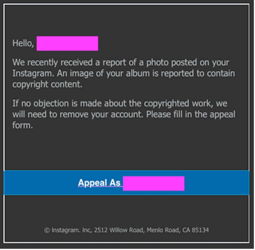 Fake Instagram notice about copyright infringement.